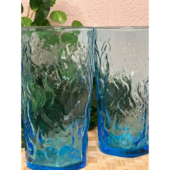 VTG Lido Milano Aquamarine Juice Glasses, Retro Cool Crinkle Ocean Blue Set of 2 - Picture 6 of 6